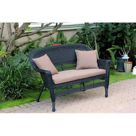 JECO Black Wicker Patio Love Seat With Brown Cushion And Pillows W00207-L-FS007-CL